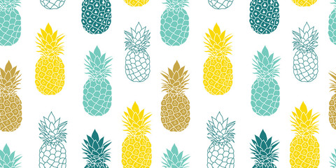 Fresh Blue Yellow Pineapples Vector Repeat Seamless Pattrern in Grey and Yellow Colors. Great for fabric, packaging, wallpaper, invitations. - 137884952