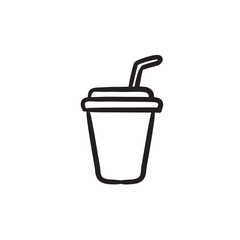 Disposable cup with drinking straw sketch icon.