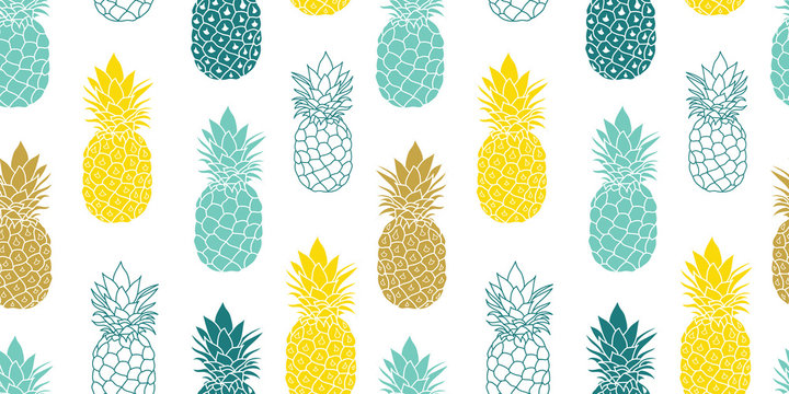 Fresh Blue Yellow Pineapples Vector Repeat Seamless Pattrern in Grey and Yellow Colors. Great for fabric, packaging, wallpaper, invitations.