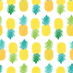 Fresh Blue Yellow Green Pineapples Vector Repeat Seamless Pattrern in Grey and Yellow Colors. Great for fabric, packaging, wallpaper, invitations.