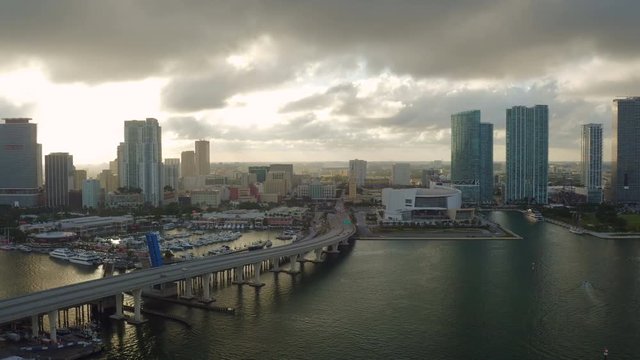 Miami Aerial v17 Flying over low over bridge and downtown.