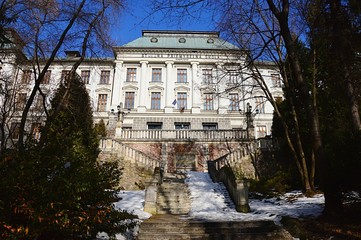 Fototapeta na wymiar Front stairs and neo renaissance building of neo renaissance mining academy in Banska Stiavnica, Slovakia, now residence of chemical highschool of Samuel Mikovini.