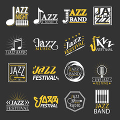 Naklejka premium Jazz festival logos set isolated on black background. Festival logotypes
