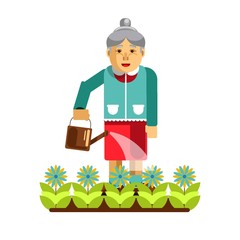 Grandmother watering flowers in the garden isolated on white.