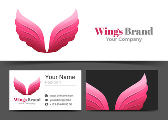 Pink Wing Corporate Logo and Business Card Sign Template. Creative Design with Colorful Logotype Visual Identity Composition Made of Multicolored Element. Vector Illustration