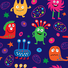 Cute seamless template with different cheerful monsters and stars