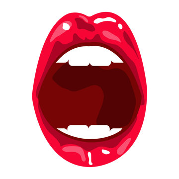 Red open mouth with white teeth. Female lips red lipstick.