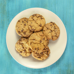 Plate of freshly baked chocolate chips cookies, with copyspace