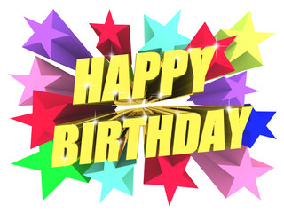 Happy Birthday golden text among bright multicolored stars. 3d render