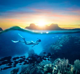 Foto op Canvas Vrouw snorkelen in heldere tropische wateren oceaan op zonsondergang dag © soft_light