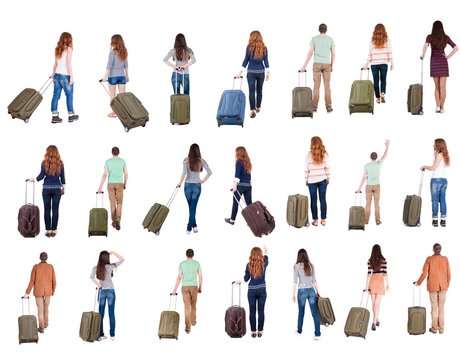 collection " Back view of  people with suitcase ". backside view of person.  Rear view people collection. Isolated over white background.