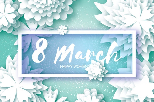 White Paper Cut Flower. 8 March. Origami Women's Day. Rectangle Frame. Space for text