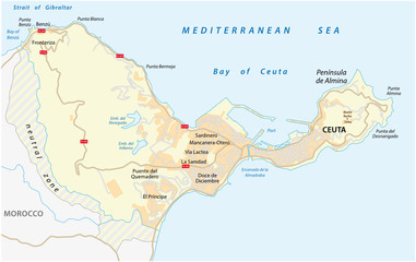 Road map of the Spanish enclave ceuta on the African continent