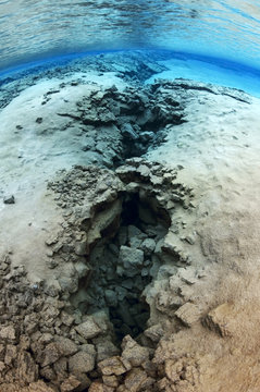 Underwater landscape showing the tectonic boundary between the Eurasian and the North American plates, Silfra, Thingvellir lake, Thingvellir National Park, Iceland, May 2009