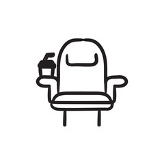 Cinema chair with disposable cup sketch icon.