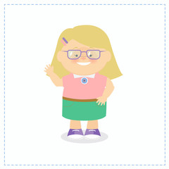 Caucasian girl with glasses, waving his hand in greeting, smiling. cartoon Vector