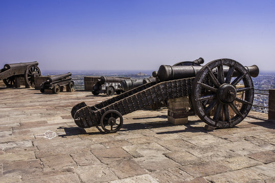 Cannons on the battlements of Mehrangarh Fort, Jodhpur, India