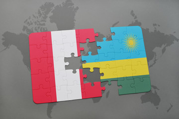puzzle with the national flag of peru and rwanda on a world map