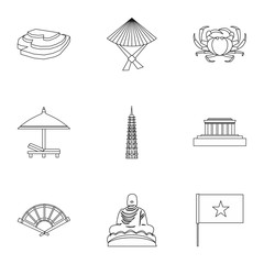 Holiday in Vietnam icons set, outline style