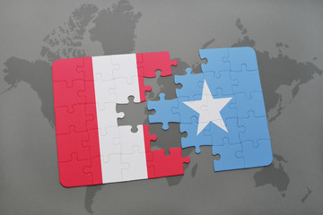 puzzle with the national flag of peru and somalia on a world map