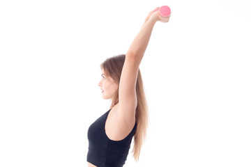 Fitness woman in black sports top holding the dumbbells