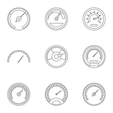 Engine speedometer icons set, outline style