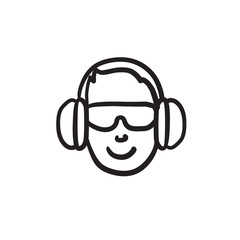 Man in headphones sketch icon.