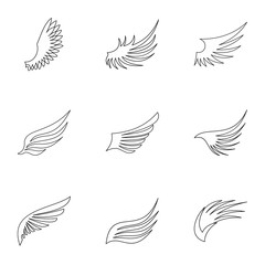 Types of wings icons set, outline style