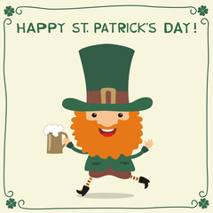 Happy Saint Patrick's Day! Funny St. Patrick with beer in cartoon style. National Irish holiday.