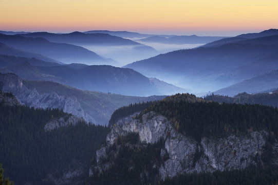 Bicaz Gorges at dawn, Cheile Bicazului-Hasmas National Park, Carpathian Mountains, Transylvania, Romania, October 2008. WWE OUTDOOR EXHIBITION. WWE BOOK.
