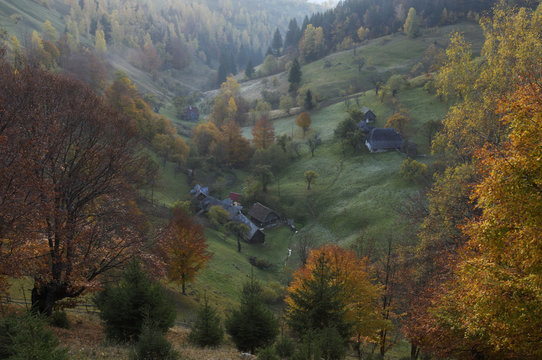 Rural landscape in Magura, Piatra Craiului National Park, Transylvania, Southern Carpathian Mountains, Romania, October 2008