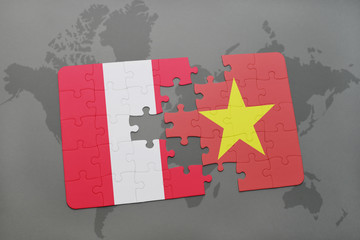 puzzle with the national flag of peru and vietnam on a world map