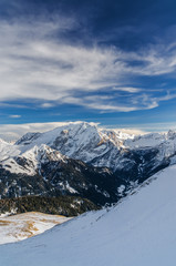 Sunset view of Belvedere valley near Canazei of Val di Fassa, Trentino-Alto-Adige region, Italy.