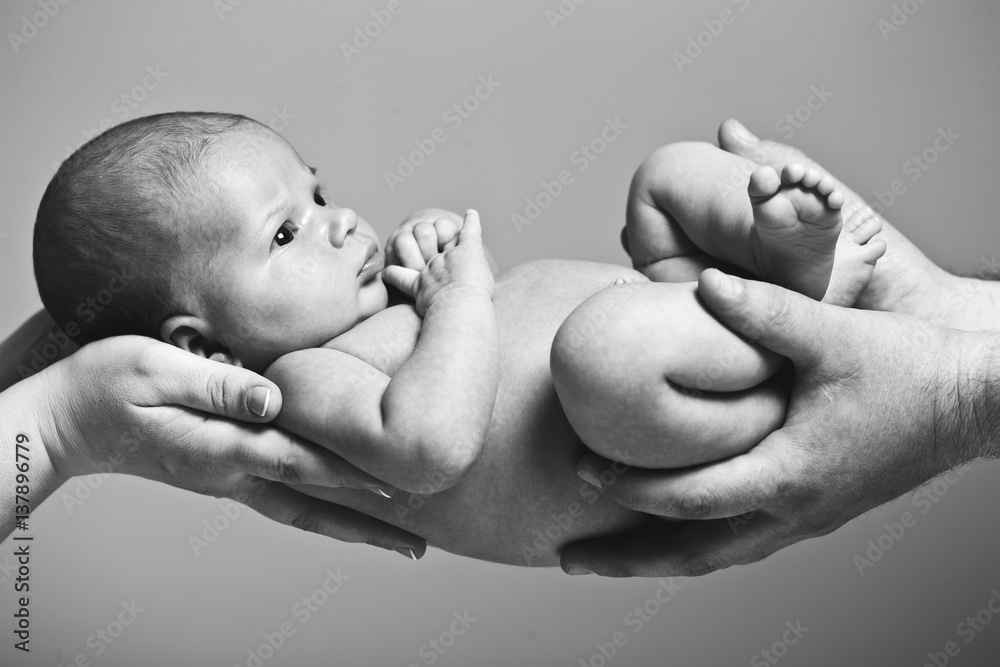 Wall mural little baby black and white photo