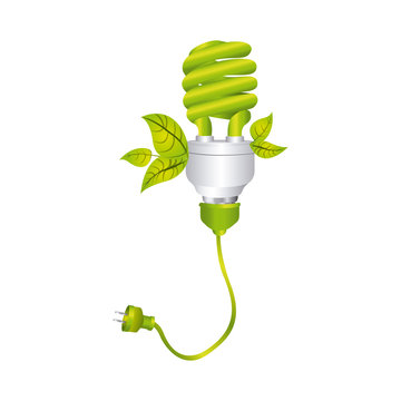 color silhouette with spiral fluorescent lamp with leaves and plug vector illustration