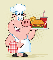 Happy Chef Pig Cartoon Mascot Character Holding A Tray Of Fast Food And Giving A Thumb Up.  Illustration Over Halftone Background