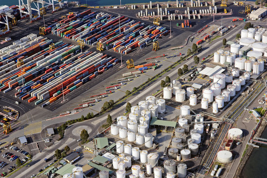 Aerial view of shipping containers and storage tanks in Melbourne, Australia