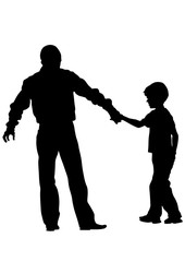 Father and son walk on white background