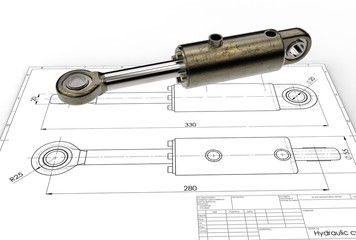 3d illustration of hydraulic cylinder above the engineering drawing