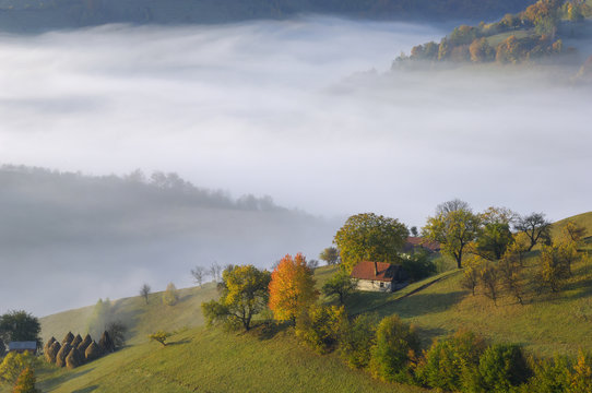 Rural farming landscape near Zarnesti, Transylvania, Southern Carpathian Mountains, Romania, October 2008