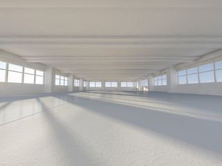 Sunny big open area with windows. 3D rendering.
