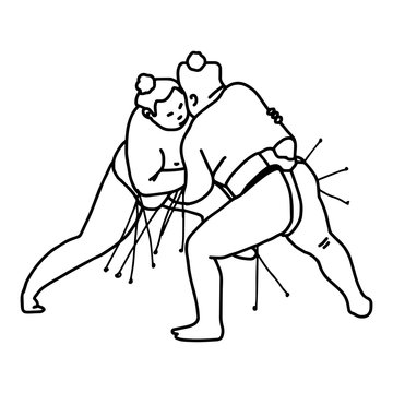 Sumo wrestling fight - vector illustration sketch hand drawn with black lines, isolated on white background
