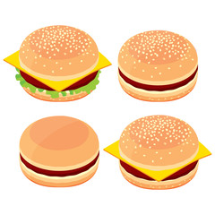 3d burger, cheeseburger, set of food cooking options, isometric illustration
