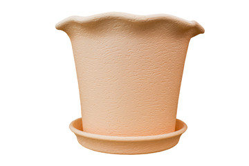 Plastic pot for flowers beige on white background