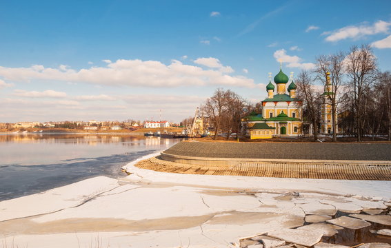 Spring landscape with the cathedral on the bank of the Volga River in Uglich
