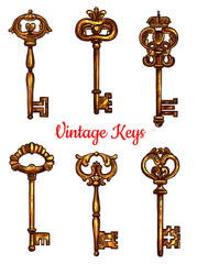 Vintage brass keys vector isolated icons set