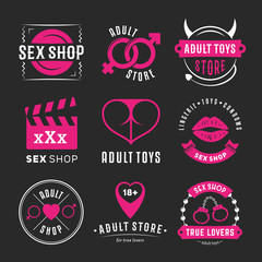Adult sex shop logos. Erotic shop badges on a black background. Vector toys, symbols and accessories for lovers - obrazy, fototapety, plakaty