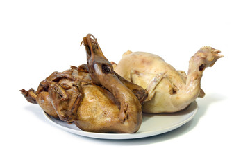 Steamed  pot-stewed duck and boiled chicken for celebrate Chinese new year festival on white background, Traditional chinese cuisine, food.
