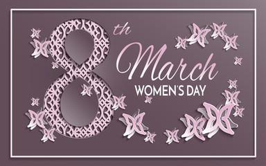 Vector illustration of International women's day, 8 March holiday greeting card with floral and butterfly pattern design and brown background with paper cut pink ornament. Layers are isolated