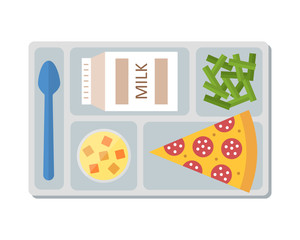 Lunch on a tray: pepperoni pizza, chocolate milk, green beans and fruit jelly. Flat design. Vector illustration. 